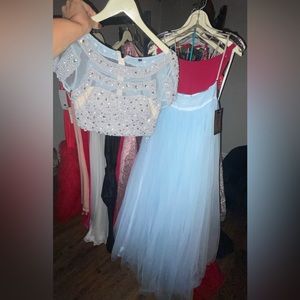 Two piece Mac Duggal, soft blue with gorgeous pearl/rhinestone top.